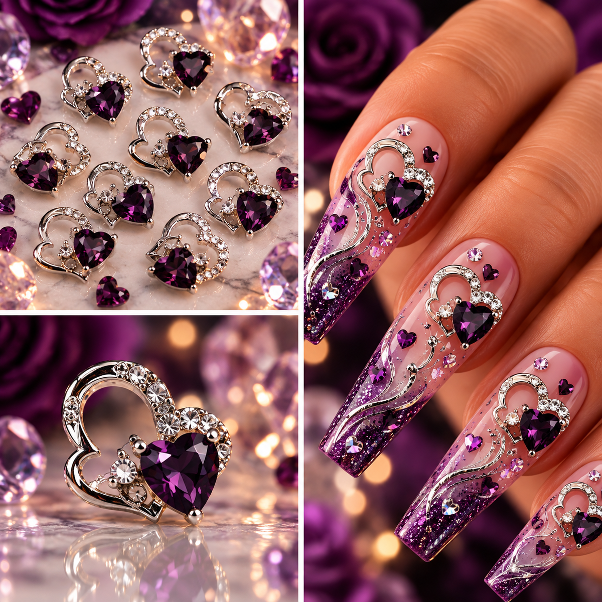 Queen - Nail Charms 10pc - #093 "Love" Purple Hearts