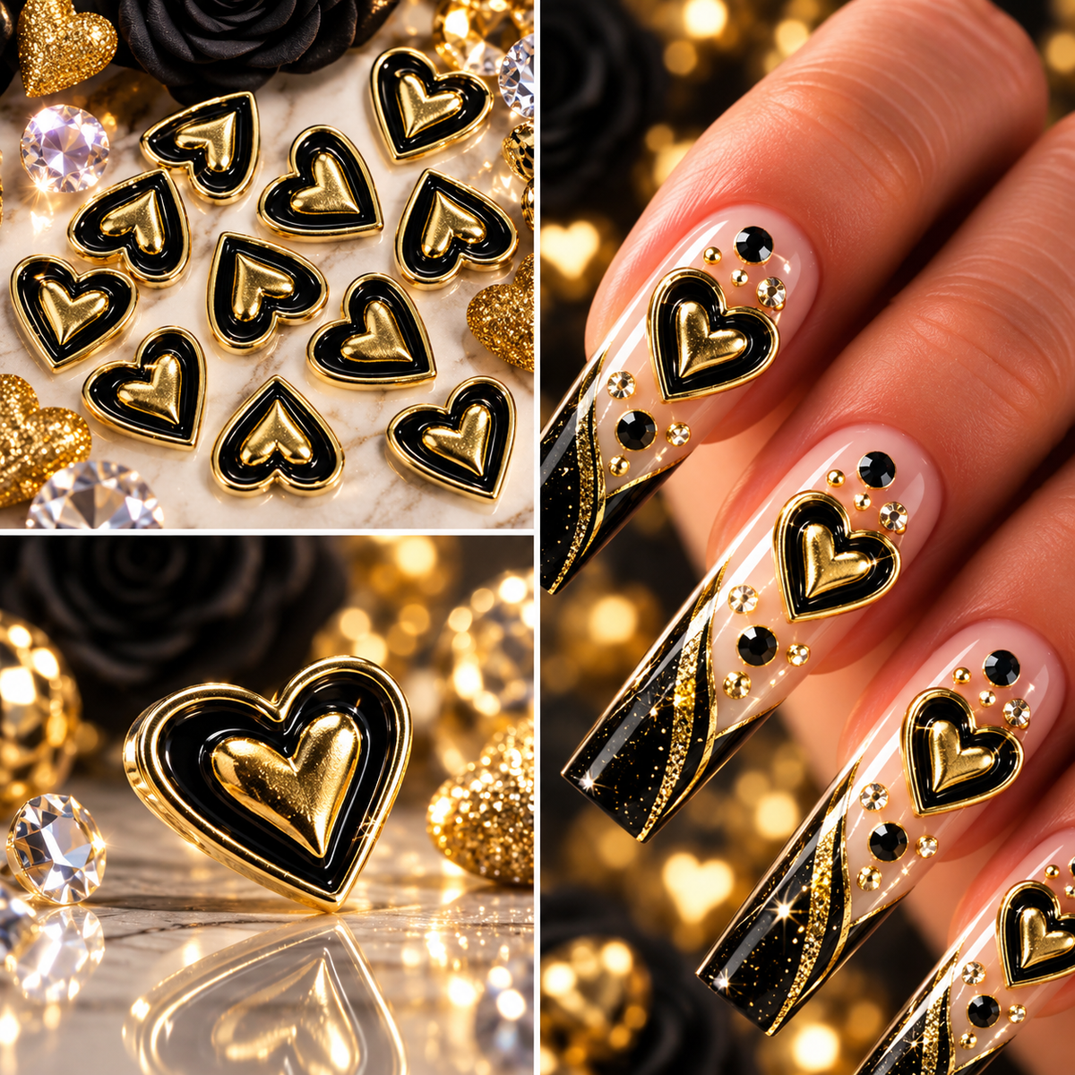 Queen - Nail Charms 10pc - #171 Gold Black Outline Hearts