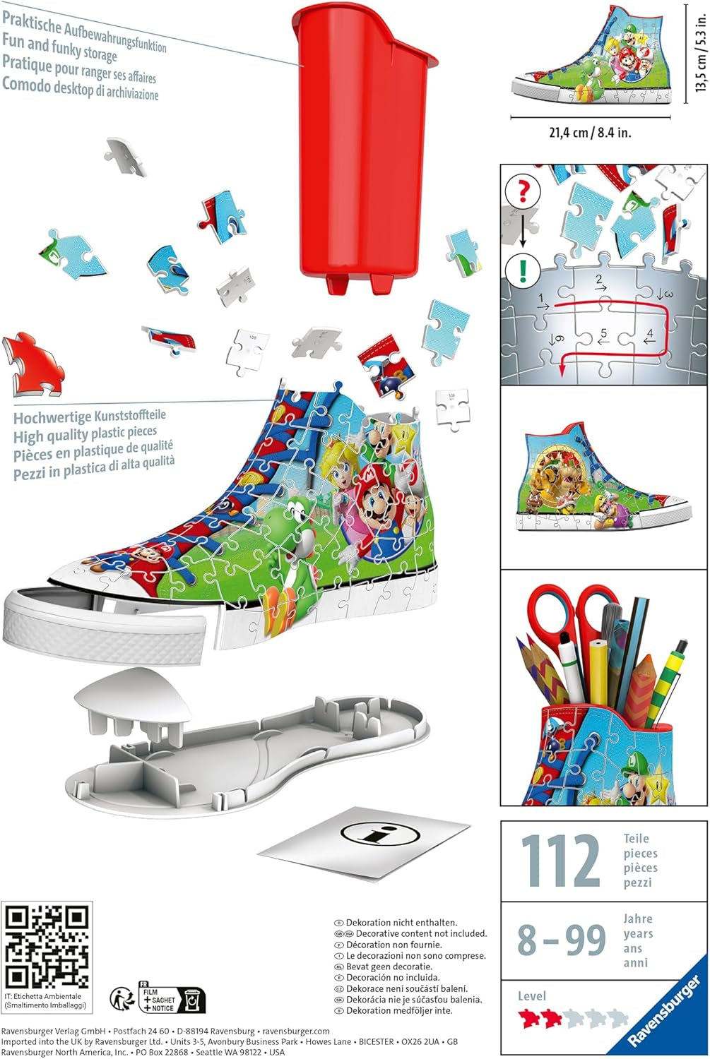 Ravensburger - Super Mario Sneaker - 3D Jigsaw Puzzle - Build a Full-Size Sneaker with Classic Mario Artwork - 108 Sturdy Plastic Pieces - Premium Quality - Display or Use as Storage