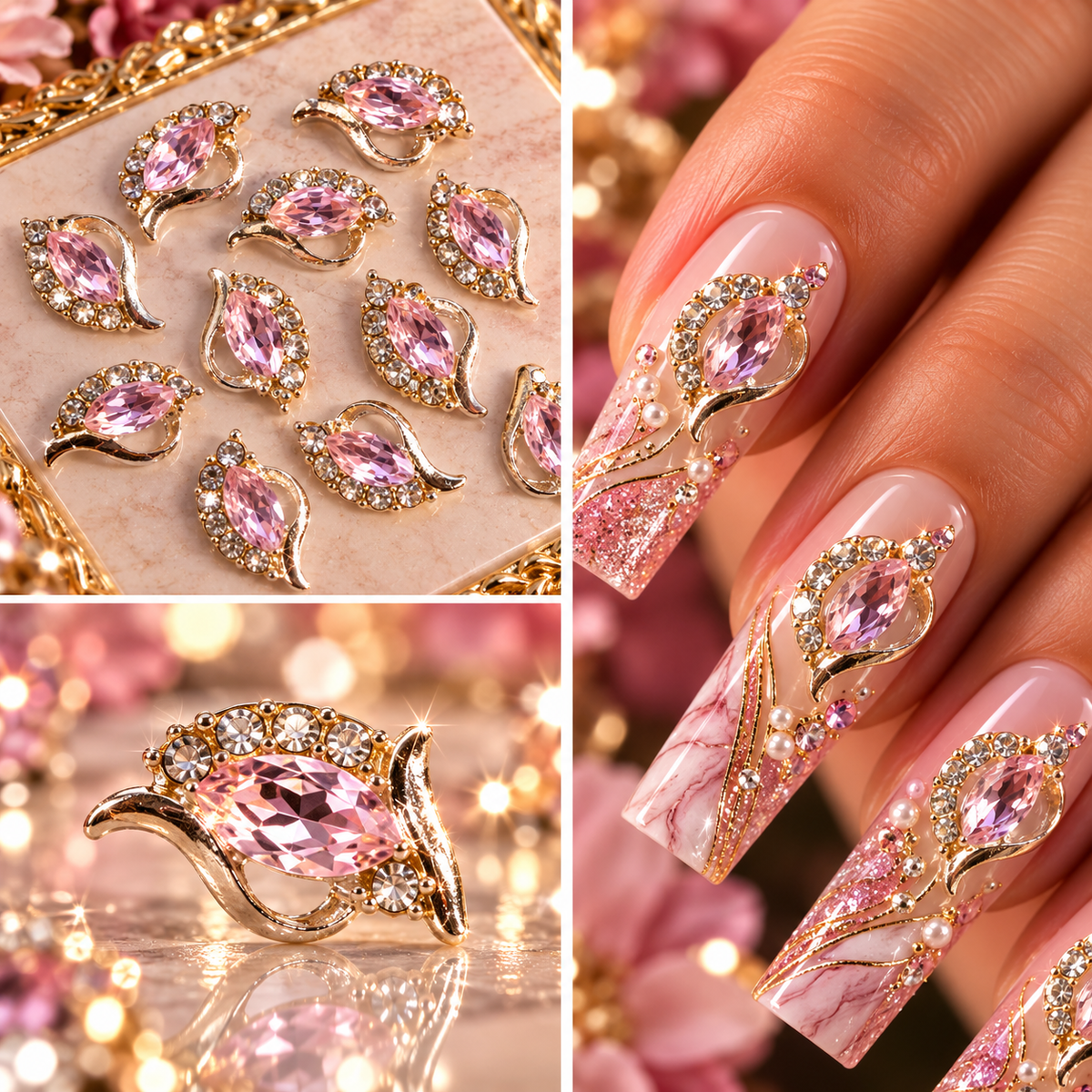 Queen - Nail Charms 10pc - #179 Silver Pink Leafs with Crystals