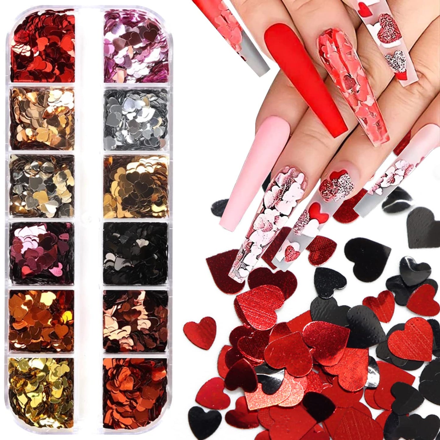 12 Grids Hearts Nail Sequin Mix Color- #3