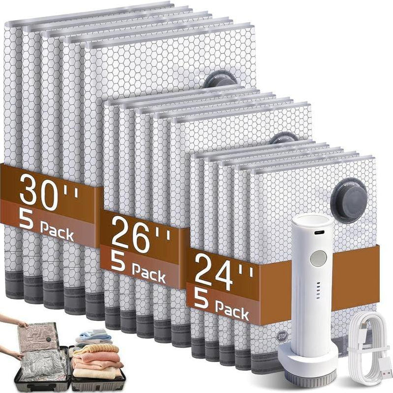 【2026 Upgraded】X7 Cordless Travel Vacuum Storage Compression Bag Set with Rechargeable Air Pump 9/15 Pack Waterproof & Reusable Compression Packing Bags for 2 Size,140L/Min Powerful Air Removal,Perfect for Carry-On Suitcases,
