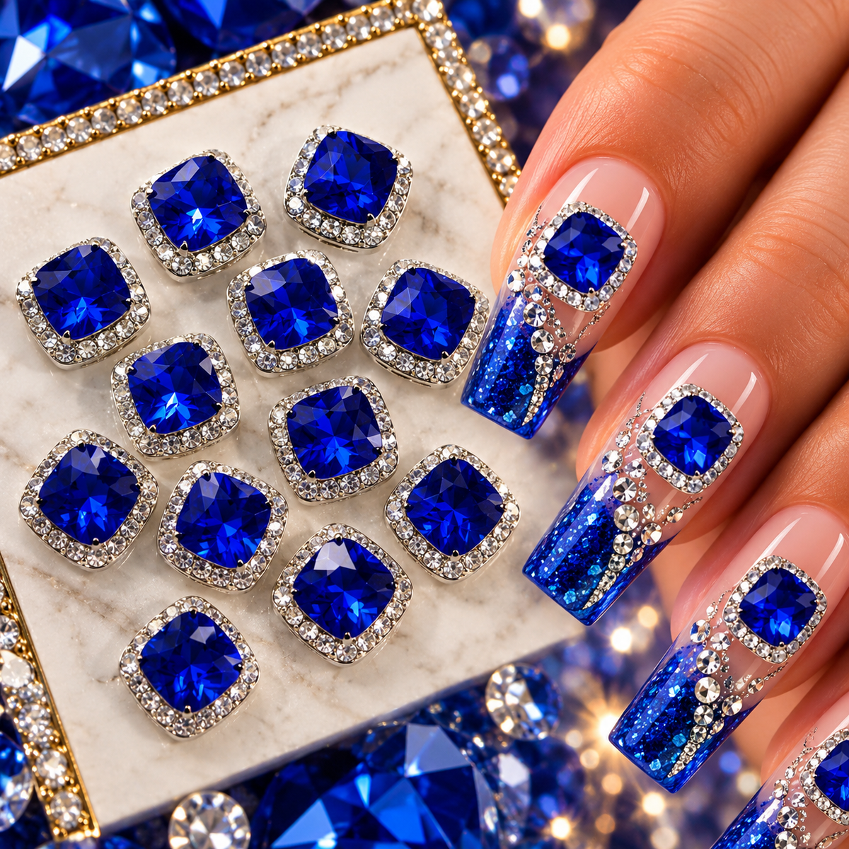 Queen - Nail Charms 10pc - #196 Silver Blue Gems with Crystals
