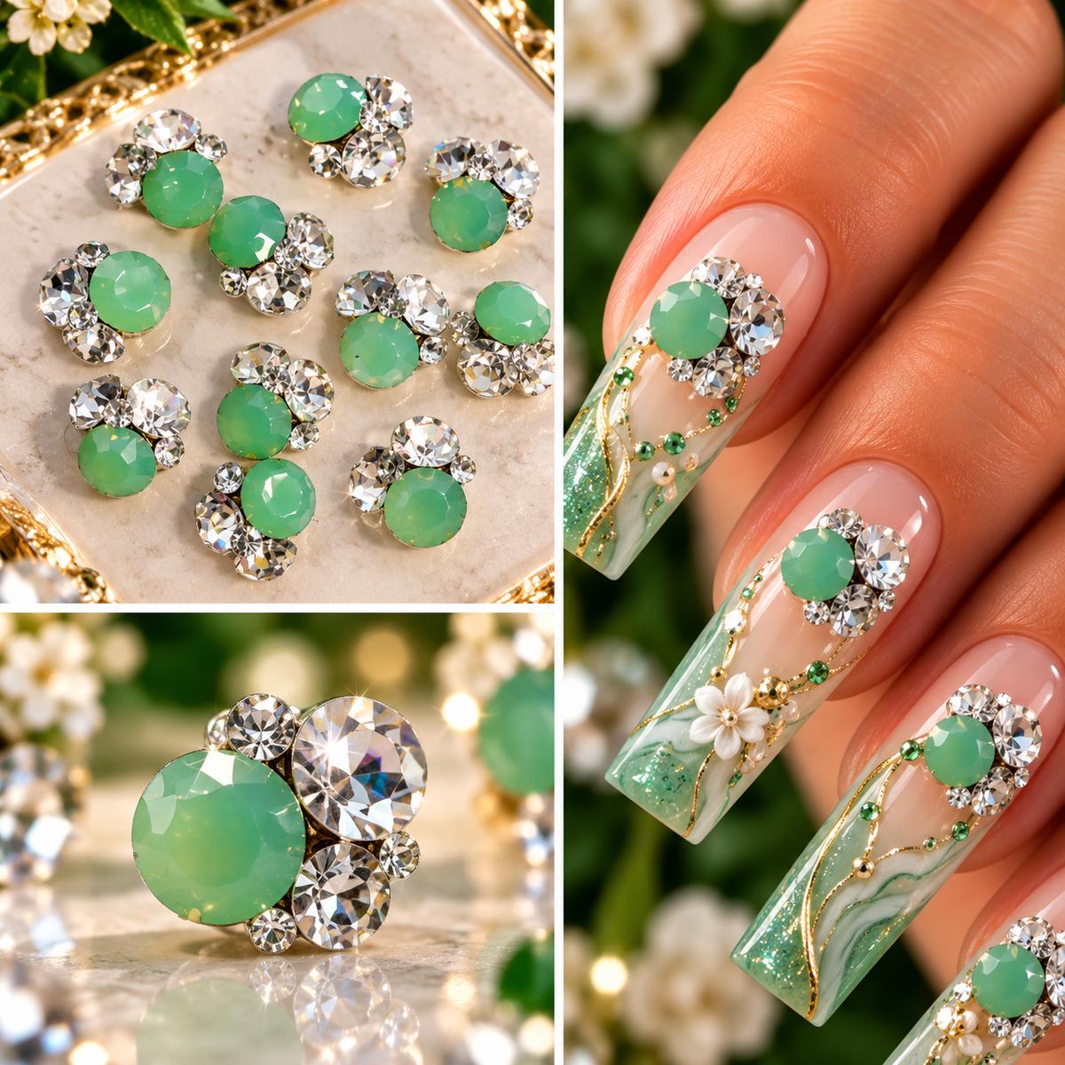 Queen - Nail Charms 10pc - #105 Gold Jade & White Crystal Clusters