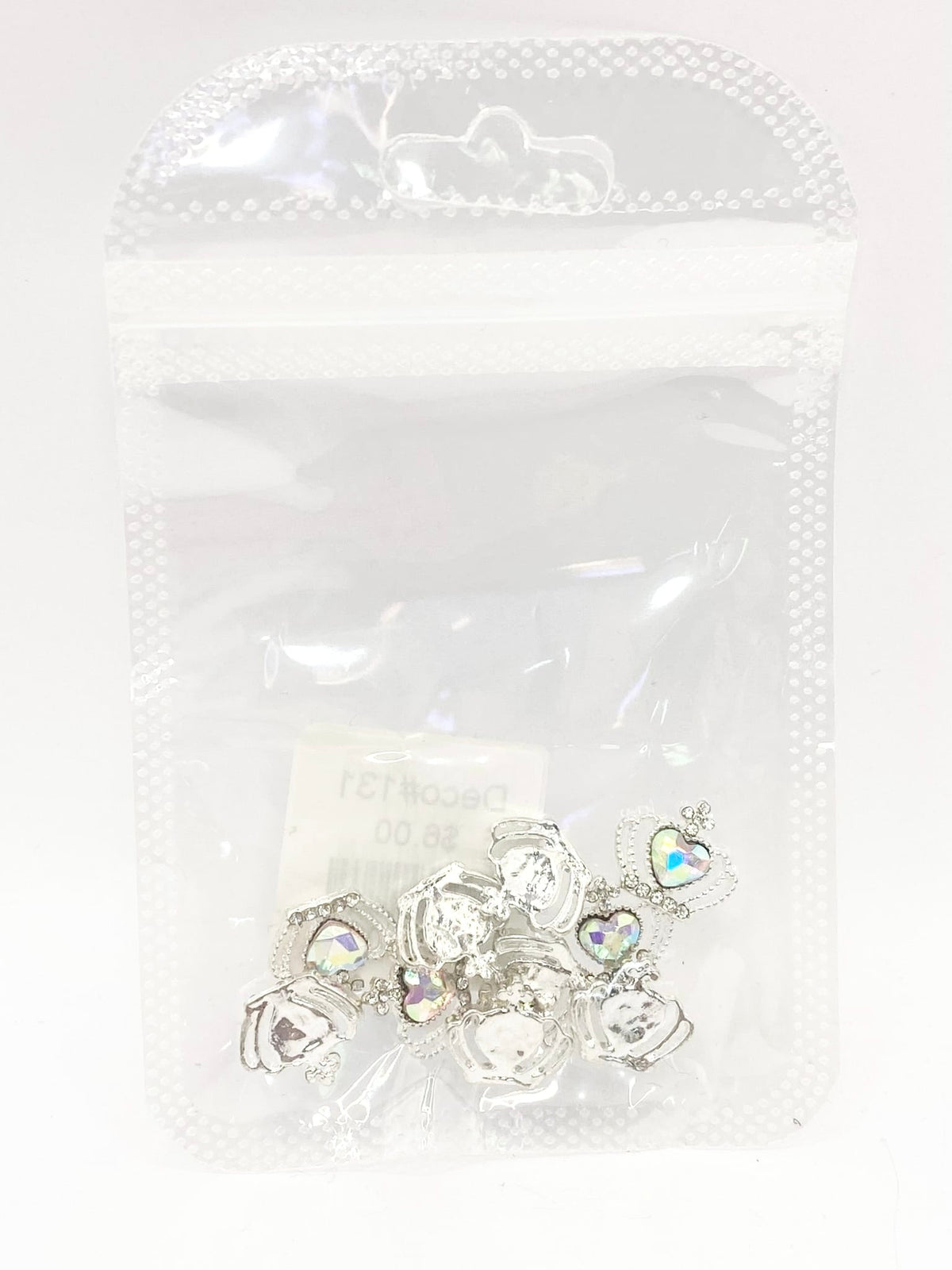 Queen - Nail Charms 10pc - #128 Silver Iridescent Heart Crowns