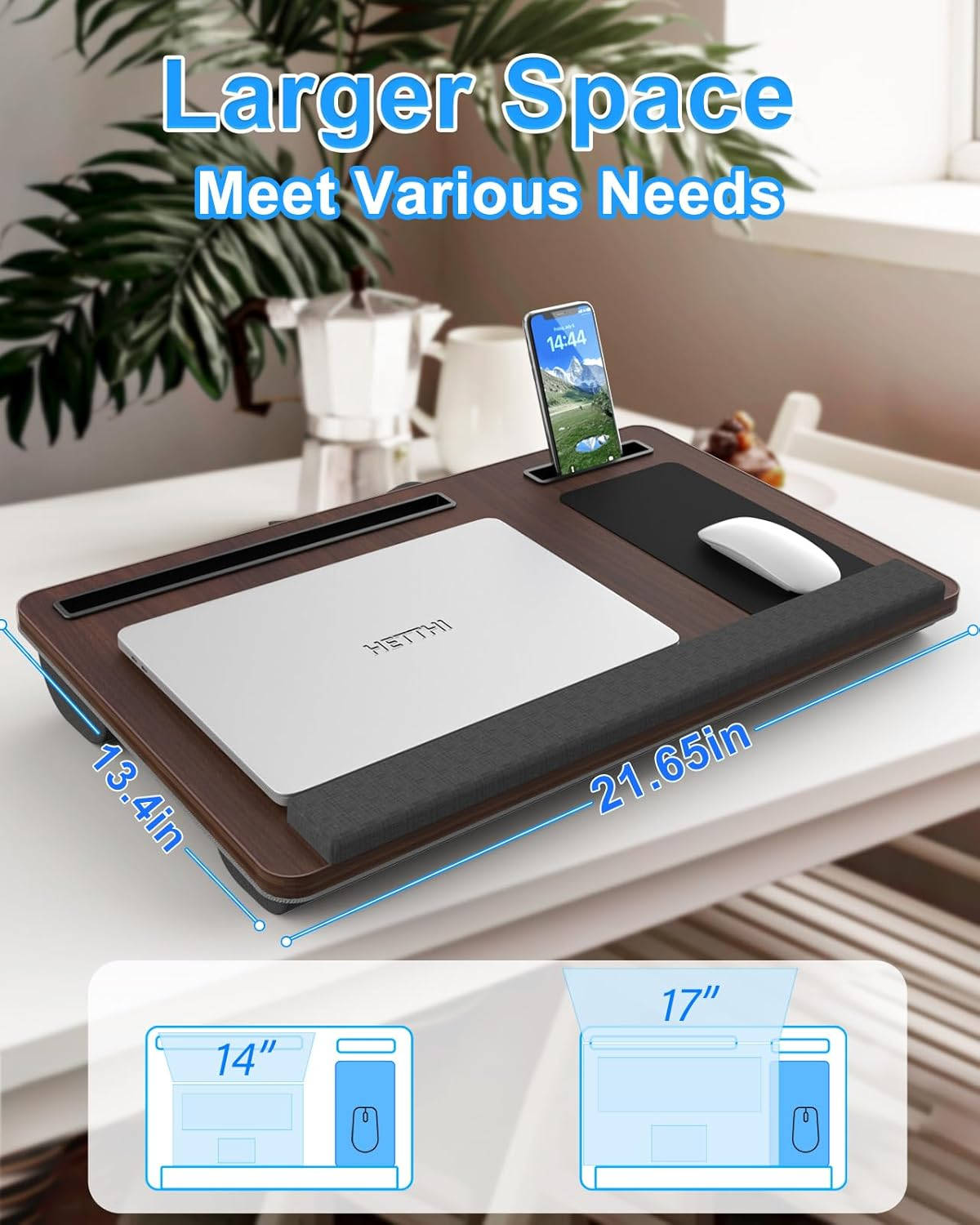 HETTHI Laptop Lap Desk, Portable Large Laptop Desk for Bed, up to 17 in Lap Table with Wrist Rest, Mouse Pad, Tablet Phone Slot, Portable Handle, Lap Tray with Cushion (Dark Brown)