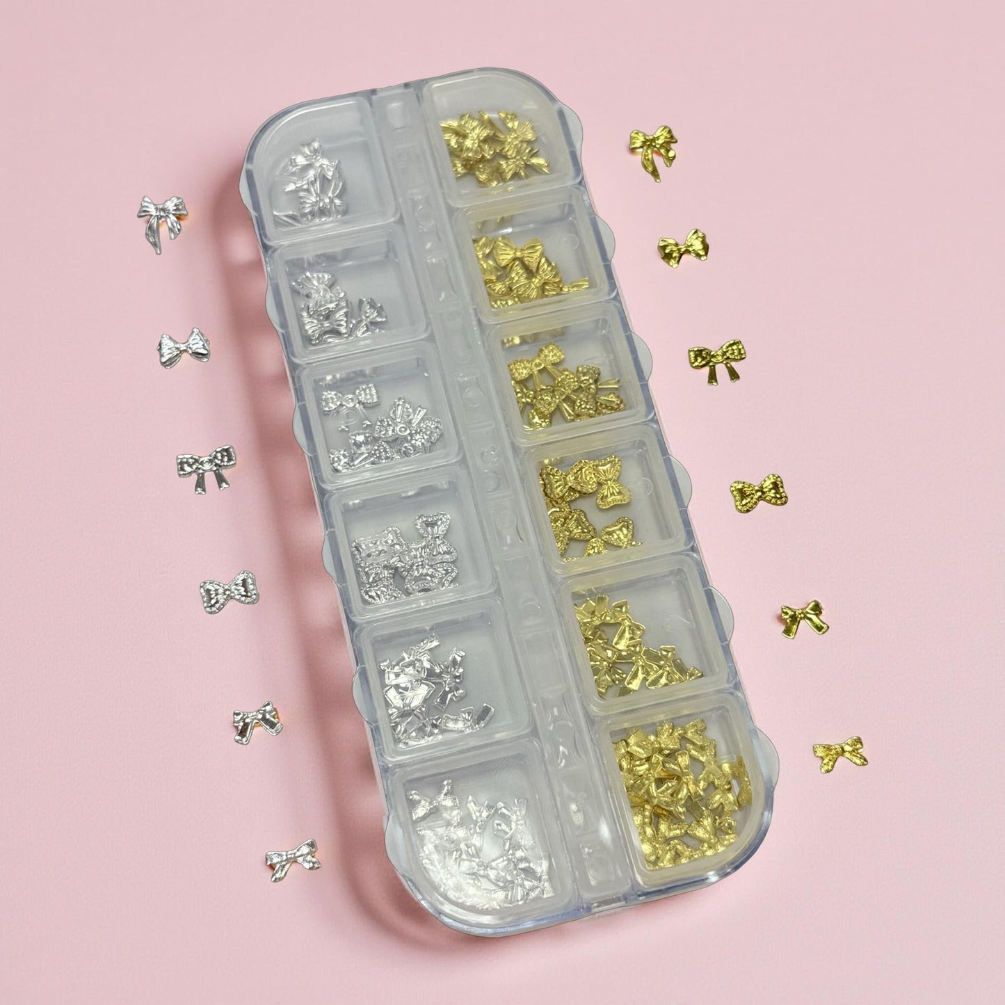 12 Grids Silver And Gold Bows Alloy Nail Charms - #005