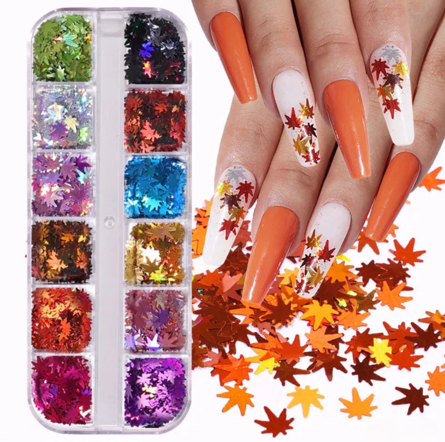 Holographic Fall Nail Art Maple Leaf Sequins