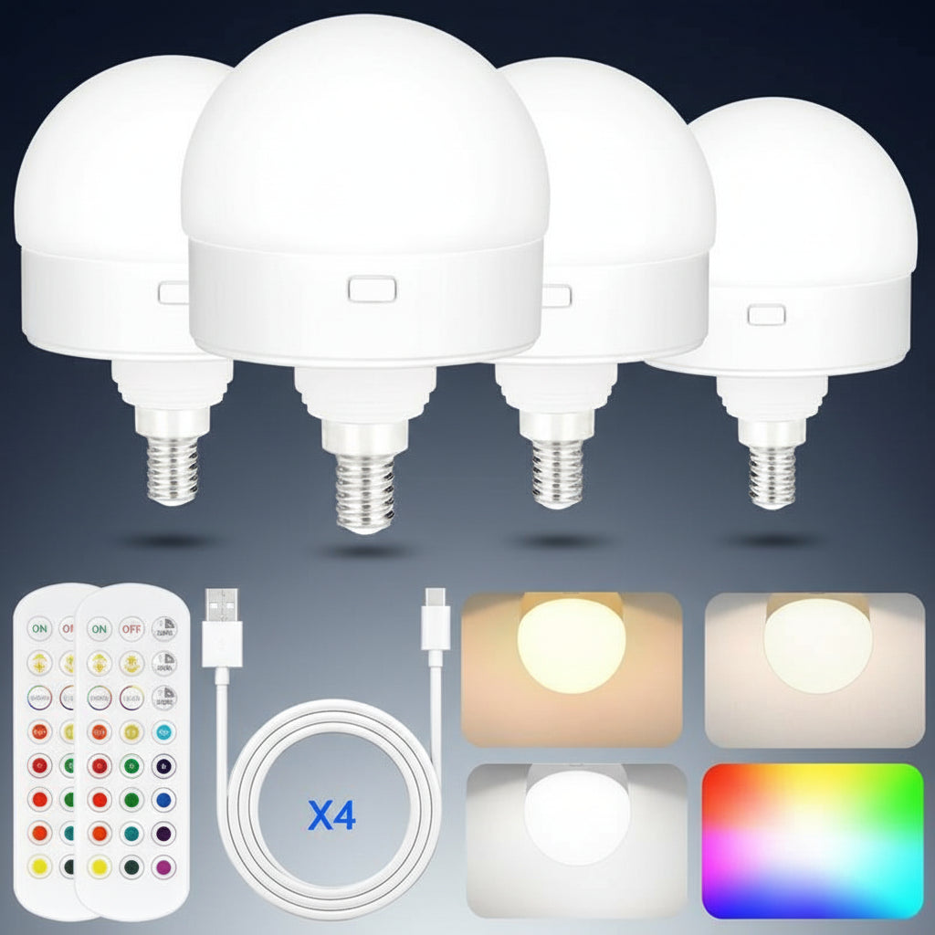2-Pack E12 Rechargeable Battery Operated Light Bulb with Remote, Dimmable LED Bulb with 15 Colors Selectable & 3 Timer, Wireless Detachable Puck Light Bulb for Wall Sconce, Non-Hardwired