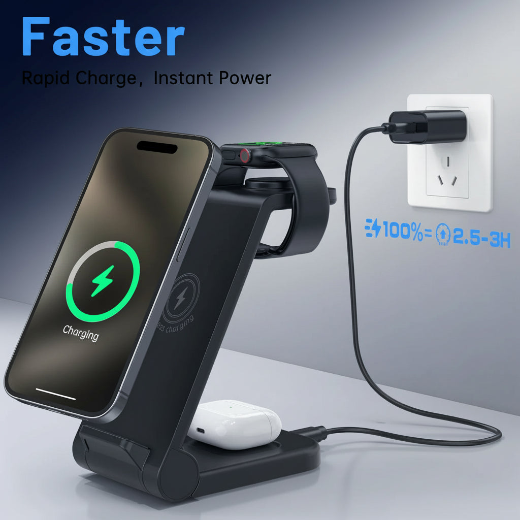 2025 3-in-1 Wireless Fast Charger - Travel Charging Station for iPhone 17-13, Apple Watch & AirPods - Perfect Gift for Home & Office