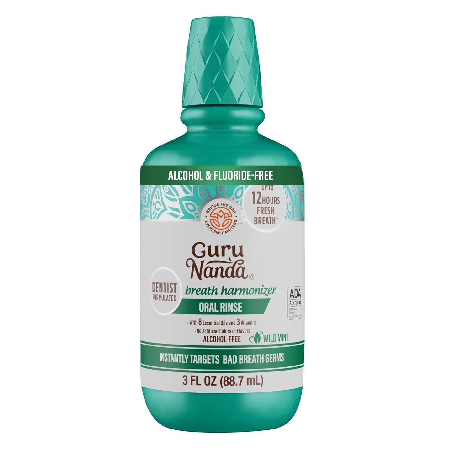 Gurunanda Fresh Breath Mouthwash, Ada-Accepted, Alcohol & Fluoride-Free, Sodium Chlorite, Essential Oils & Vitamins, 12-Hrs Fresh Breath, Wild Mint, 33.8 Oz