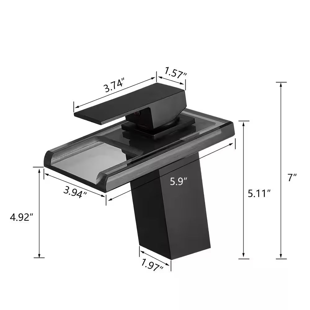Single Handle Single Holewaterfall Bathroom Vessel Faucet with Led Light in Matte Black