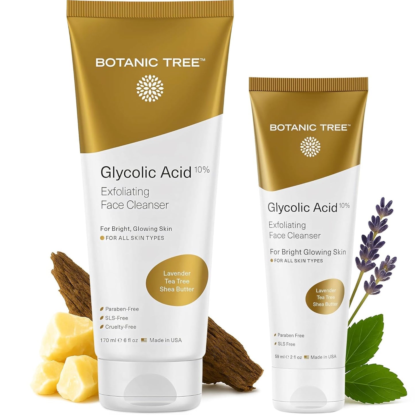 Botanic Tree Glycolic Acid Face Wash - Facial Cleanser and Scrub - 10% Glycolic Acid, AHA - Salicylic Cleanser - 6 Fl. Oz