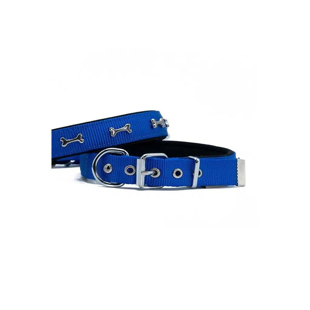 Doggie DSBT Woven Collar with Metal Bone Detail L/Royal