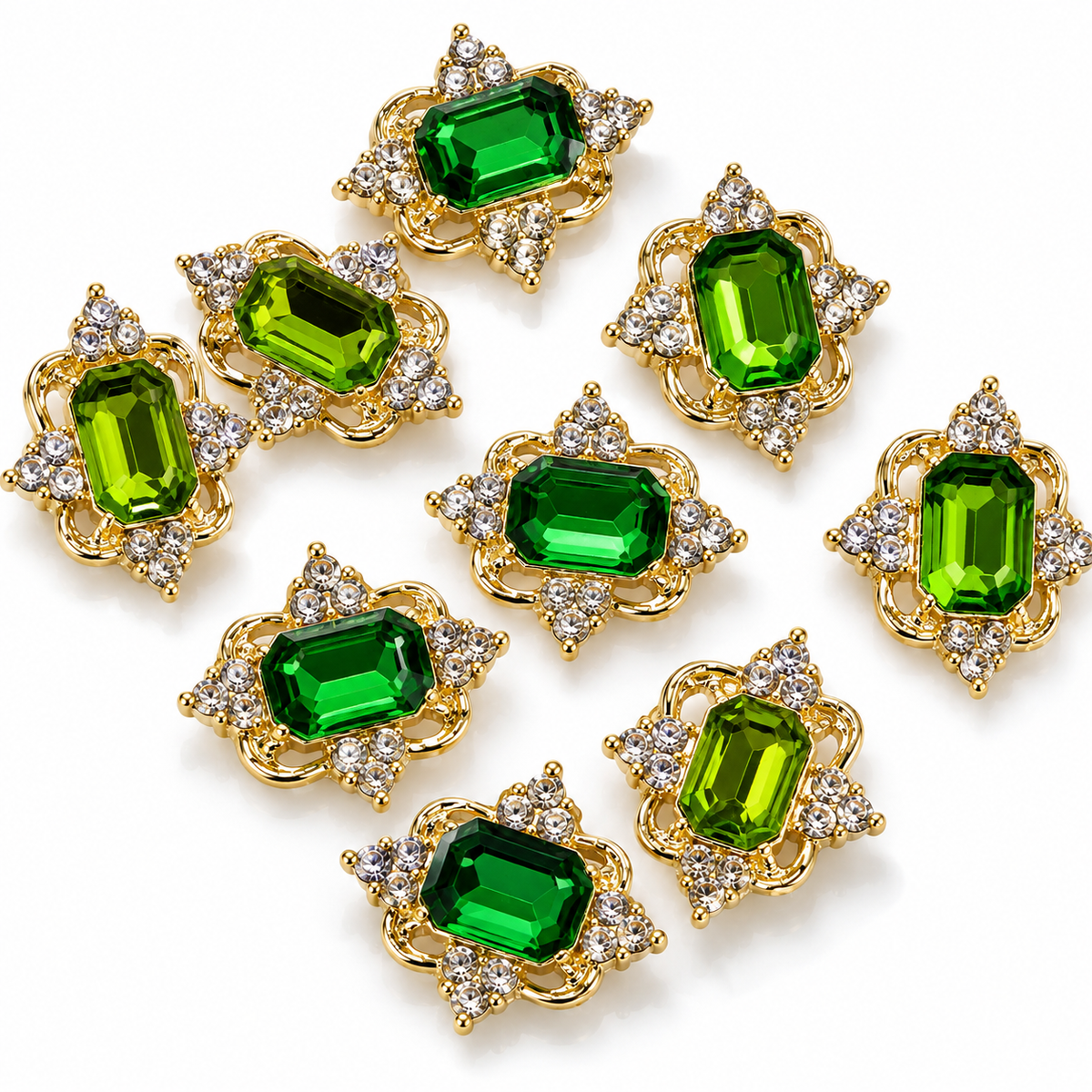 Queen - Nail Charms 10pc - #177 Gold Square Emeralds with Arrow Crystals