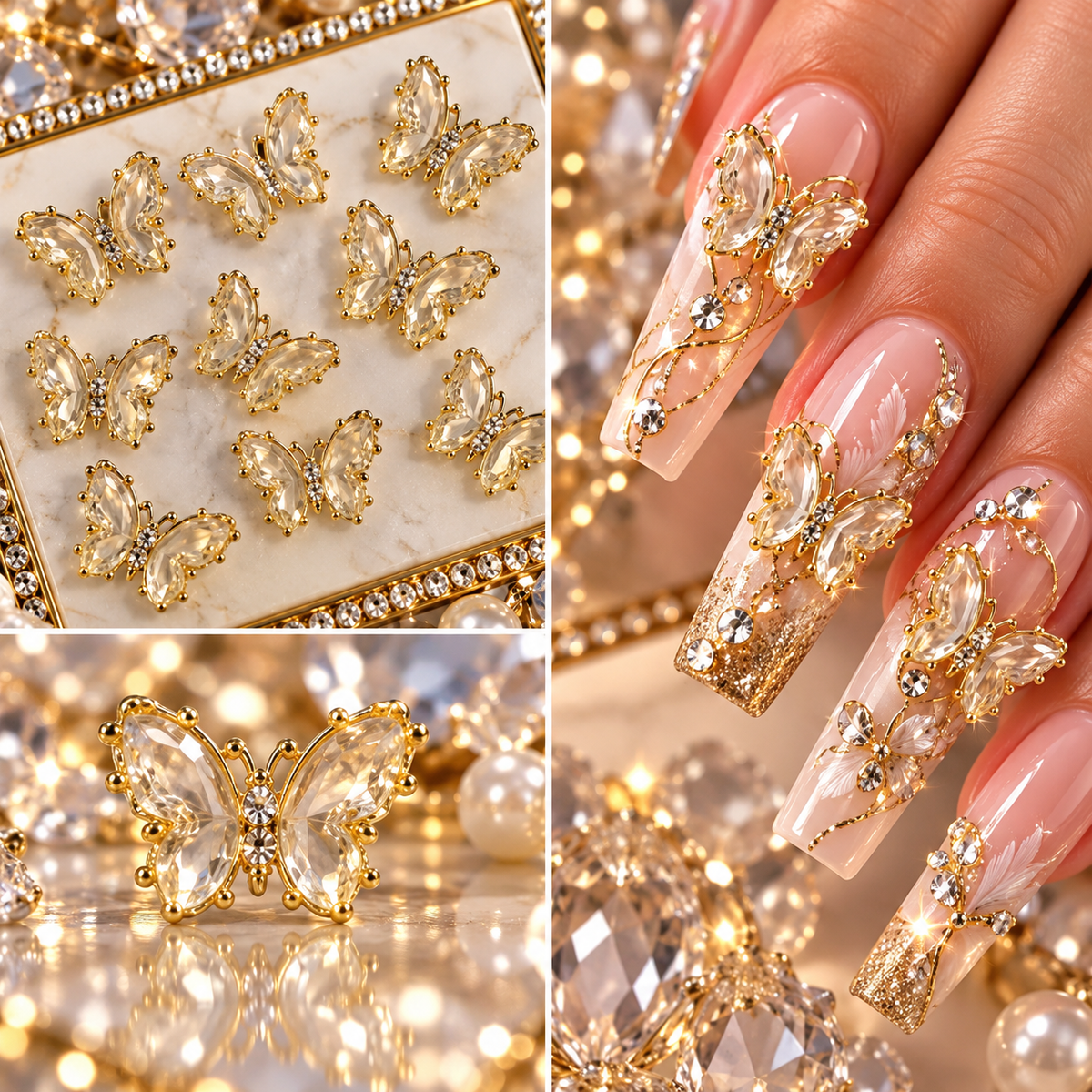 Queen - Nail Charms 10pc - #340 Gold Clear Butterflies