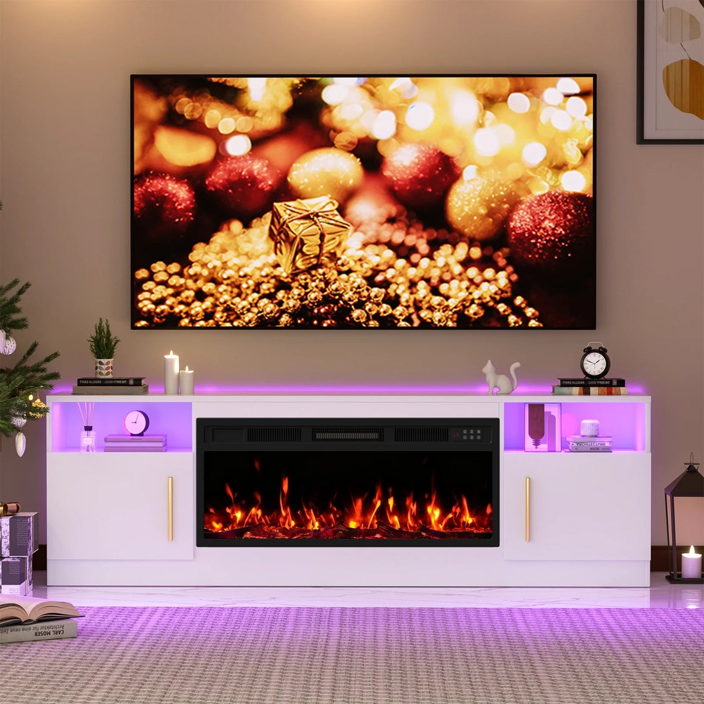 70Inch Cable Management Television Stand with Electric Fireplace, Wood White