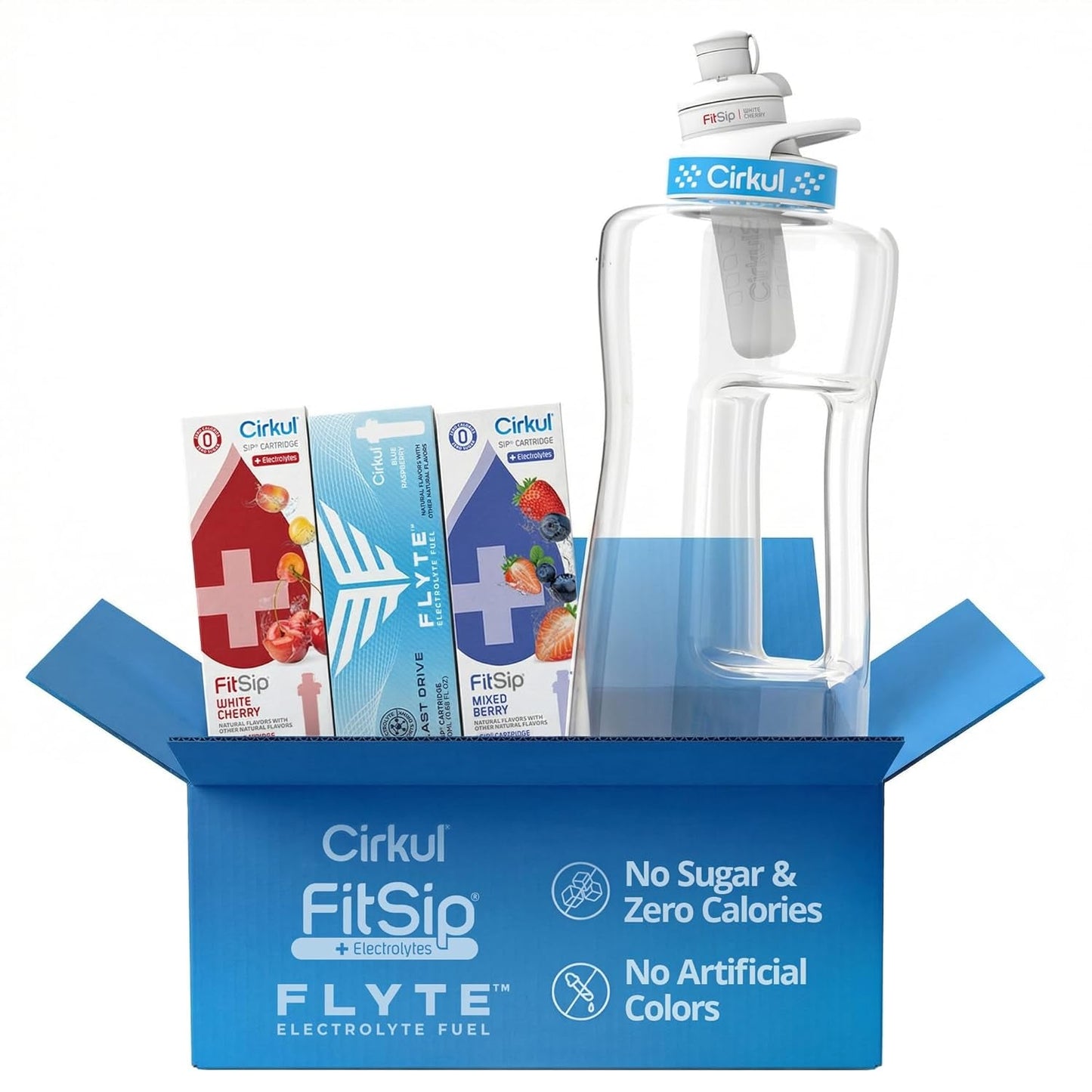 Cirkul 22Oz. Bpa-Free Plastic Water Bottle Starter Kit with Blue Lid, 3 Flavor Cartridges (1 Lifesip Fruit Punch, 1 Fitsip Mixed Berry, 1 Gosip Black Cherry) Zero Calories and No Sugar