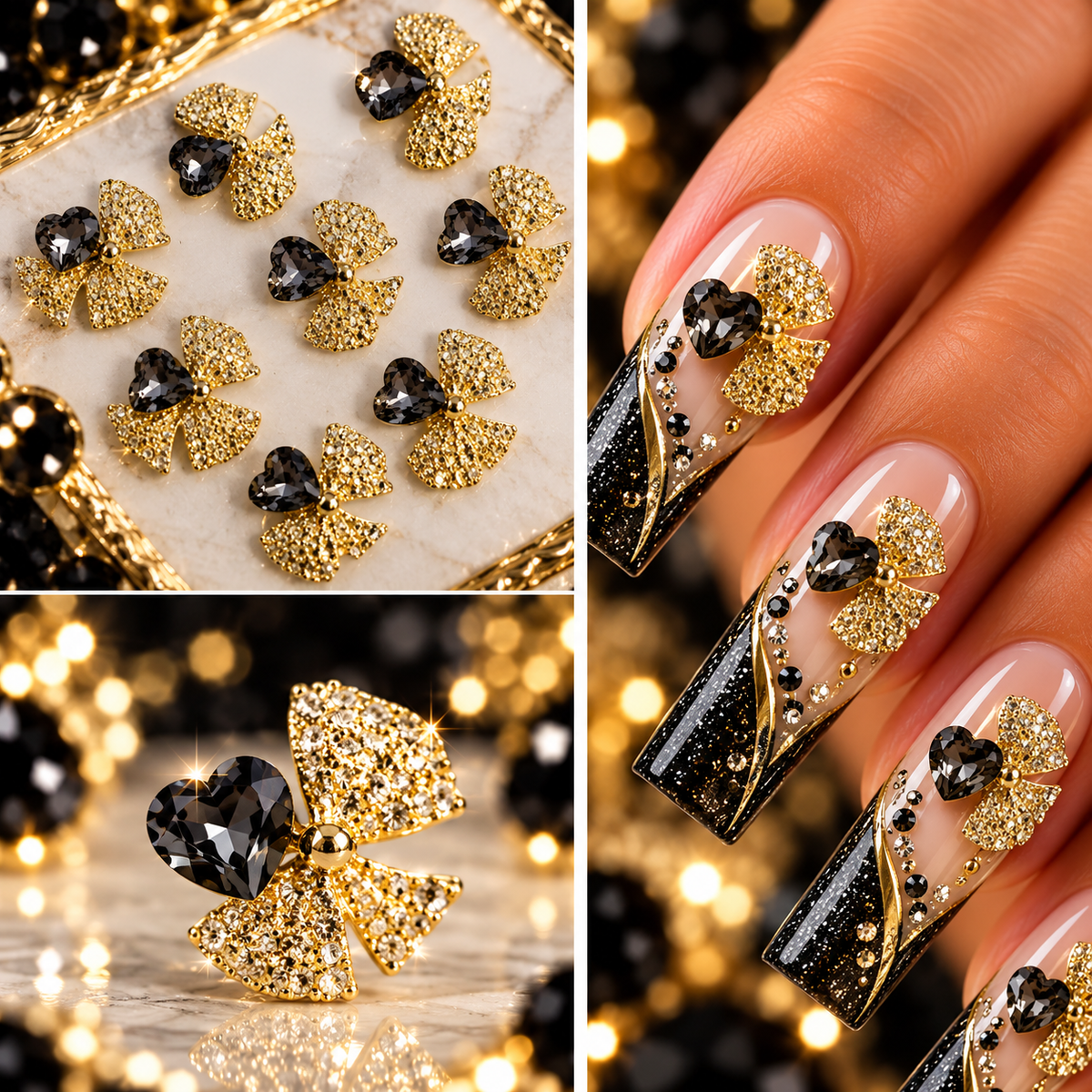 Queen - Nail Charms 10pc - #170 Gold Bows with Smoky Heart Gem