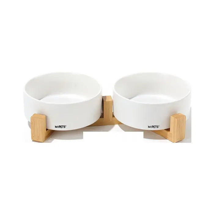 M-Pets Opera Ceramic Pet Bowls with Bamboo Stand 2x350ml White