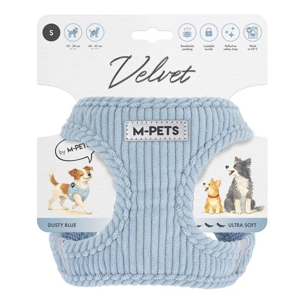 M-Pets Velvet Dog Harness Soft Ribbed Mesh Blue Small