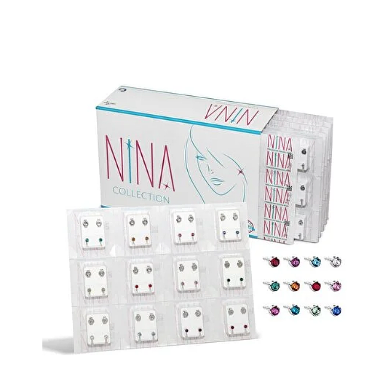 Nina Ear Piercing Studs Silver Mixed Colors 12 Pairs