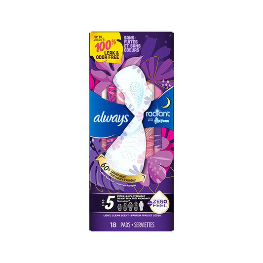 Always Radiant FlexFoam Pads, Size 5 Extra Heavy Overnight 3 Packs of 18