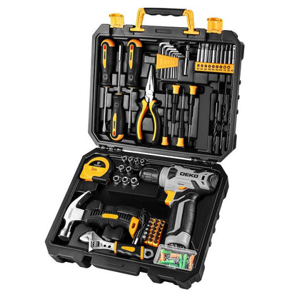 DEKOPRO 126-Piece Pink Household Tool Set with 8V Cordless Drill, Rechargeable Battery, All-In-One Compact Tools Kit, Perfect Christmas Gift, Ideal for Home Repairs & DIY Projects