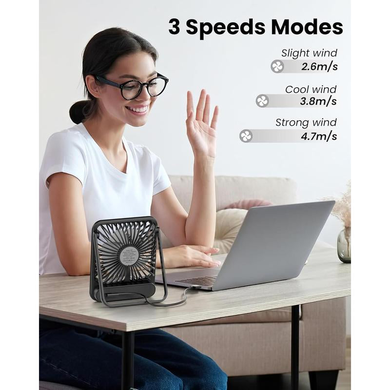 USB Desk Fan, Strong Wind Ultra Quiet Small Personal Fan with 180° Tilt Folding and 3 Speeds Adjustable, USB-C Corded Powered Mini USB Fan for Office Desktop Bedroom