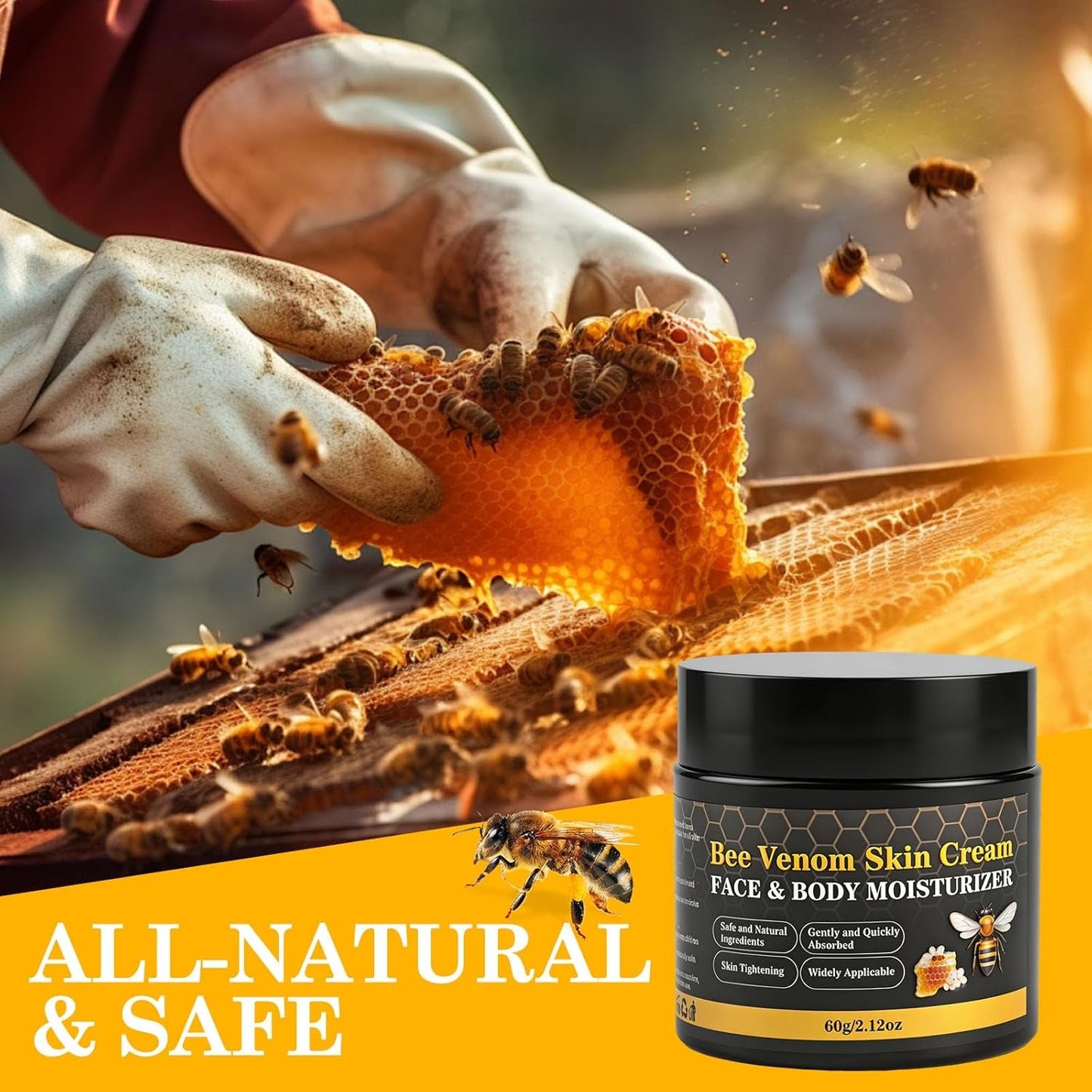 2PCS Bee Venom Skin Cream, Natural Ingredients Non-Irritating Bee Venom Cream, Wrinkle Lift & Firming, Reduces Blemishes, for Face & Full Body, 2 * 60G