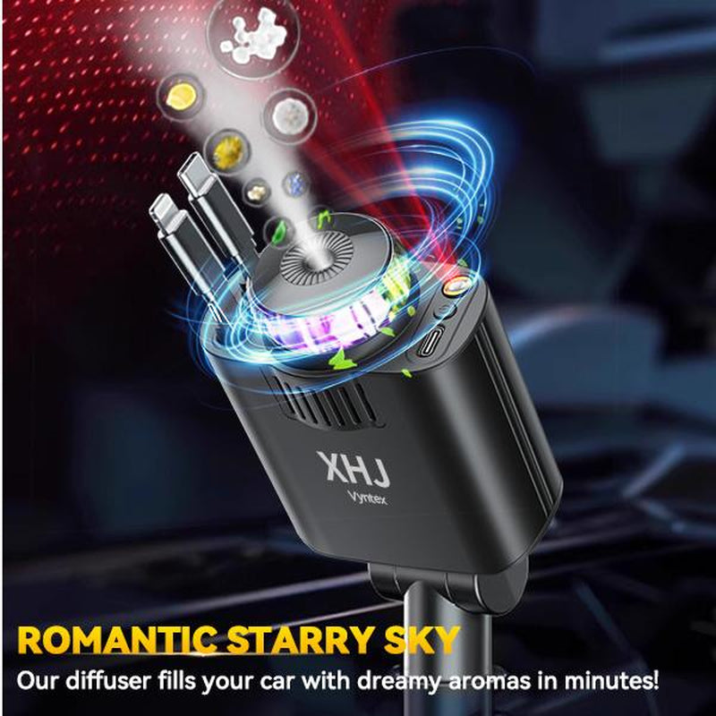XHJ Starlight Car Air Freshener & Diffuser with Retractable Charger,Dual USB Ports Aromatherapy Freshener,Ambient Lighting,Complete Gift Set for Men,12-24V Compatibility