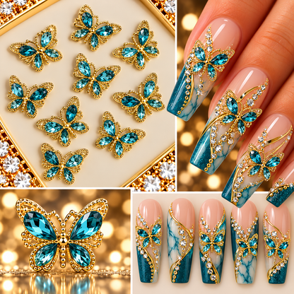 Queen - Nail Charms 10pc - #034 Gold Teal Crystal Butterflies