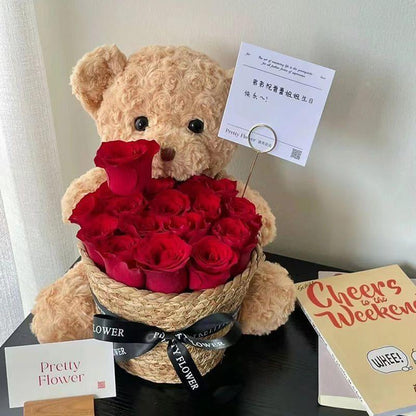 Valentine’S Day Teddy Bear with Eternal Rose Bouquet, Preserved Flower Plush Bear, Romantic Birthday Gift for Her Gift Sets