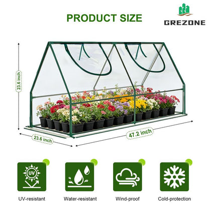 Grezone Portable Mini Cloche Greenhouse Elevated Bottom Reinforced High Light Transmission Waterproof UV Resistant Hot House for Indoor Outdoor