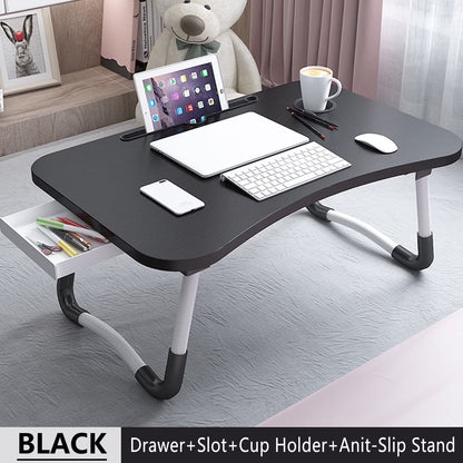 PHANCIR Escritorio Plegable Para Regazo, Mesa Portátil De Madera Para Laptop De 23.6 Pulgadas, Organizador De Oficina Para Espacio De Trabajo, Bandeja Para Cama Y Sofá Con Ranuras/Portavasos/Cajón, Antideslizante Para Leer Escribir Comer Ver, Nogal