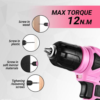 DEKOPRO 126-Piece Pink Household Tool Set with 8V Cordless Drill, Rechargeable Battery, All-In-One Compact Tools Kit, Perfect Christmas Gift, Ideal for Home Repairs & DIY Projects