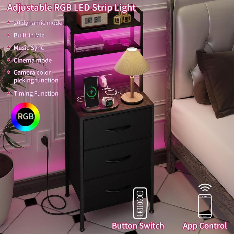 41 Inch Tall Nightstand with Charging Station, Led Night Stand with U-S-B Port & Socket, 3 PU Finished Fabric Storage Drawers, Office, Bedside Table & Bookshelf in One, Black