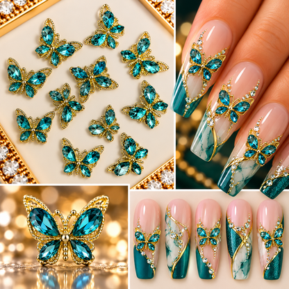 Queen - Nail Charms 10pc - #029 Gold Teal Small Crystal Butterflies