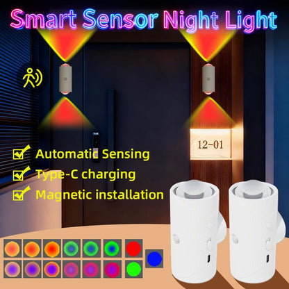 Smart Rechargeable LED Night Light with Motion Sensor – RGB Gradient Ambient Lighting, Dimmable Wall Lamp, Magnetic & Stick-On Design, USB Convenient Charging, Long-Lasting Battery, Perfect for Halloween Decor, Bedroom, Stairs, Hallway & Entryway