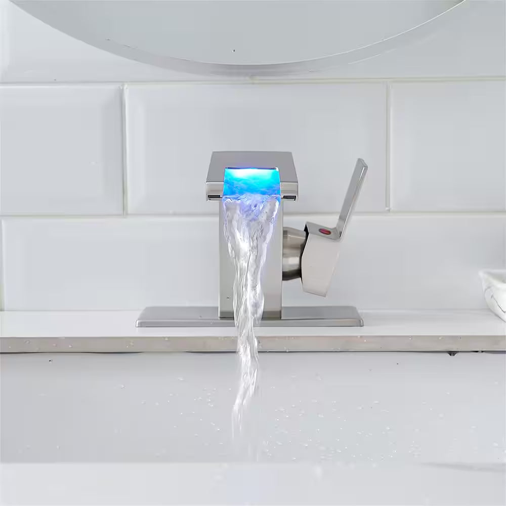 Single Handle Single Hole LED Bathroom Faucet with Deckplate Included Waterfall Bathroom Sink Faucets in Brushed Nickel