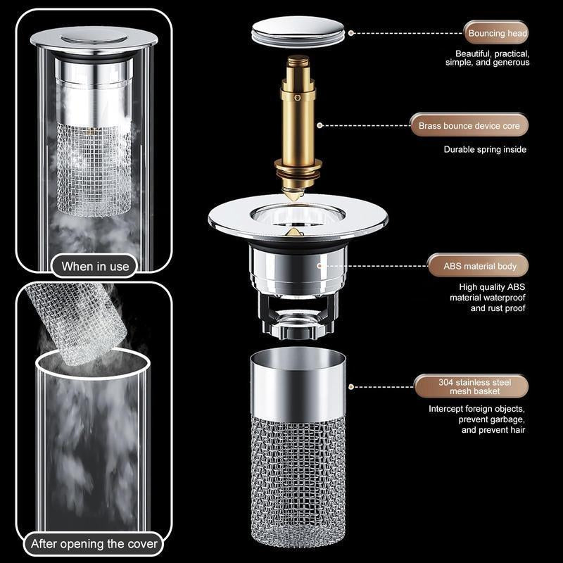 Citydry-Bathroom Sink Stopper Hair Catcher Universal Pop up Sink Drain Filter with Stainless Steel Filter Basket & Brass Drain Plug