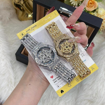 Luxury Watches for Ladies and Gentlemen Luxury round Dial Diamond-Encrusted with Rotating Star Design Quartz Watch - Fashionable Sparkling & Versatile Timeless Classic Design with Adjustment Tool Birthday Gifts