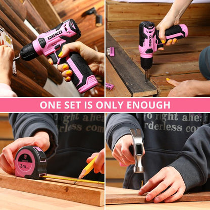 DEKOPRO 126-Piece Pink Household Tool Set with 8V Cordless Drill, Rechargeable Battery, All-In-One Compact Tools Kit, Perfect Christmas Gift, Ideal for Home Repairs & DIY Projects