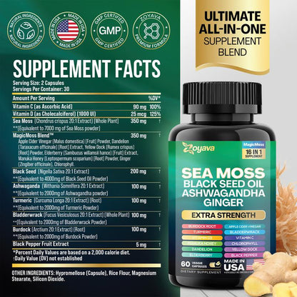 Zoyava Sea Moss Supplement - All-In-One Multivitamin with Black Seed Oil, Ashwagandha & 15+ Extra Strength Ingredients - 60 Capsules - MADE in USA