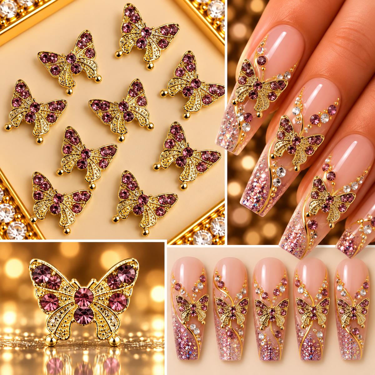 Queen - Nail Charms 10pc - #122 Gold Butterflies w/ Smokey Stones