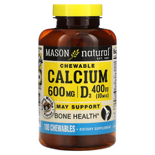 Mason Natural® Calcium 600 mg + D3 – Coffee Mocha Flavor (100 Chewable Tablets)