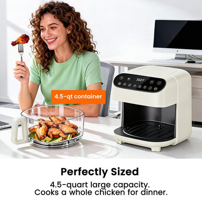 4.5 QT Glass Air Fryer - Pfas-Free & Dishwasher-Safe Basket, 8 Preset Touchscreen, 360° View Cooking, for Healthy Meals in Minutes - White