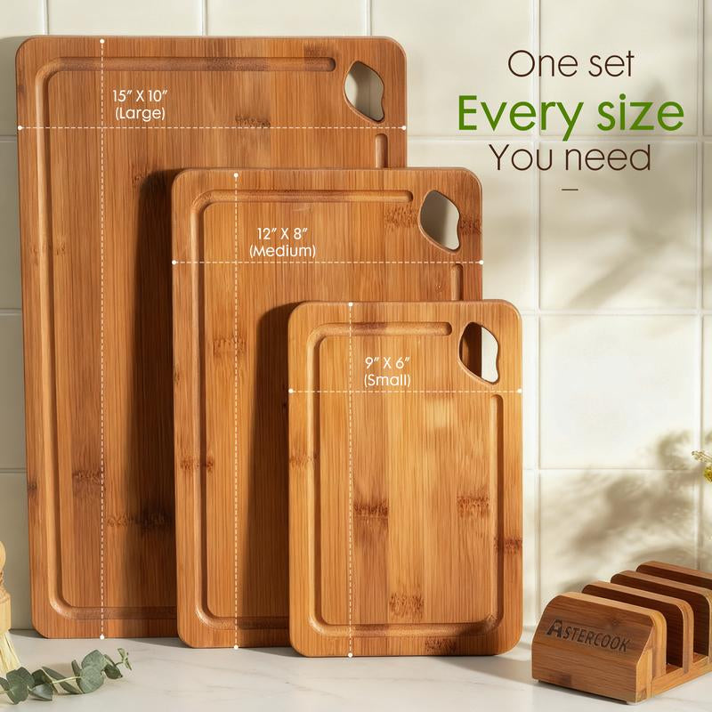 Astercook 4-Piece Bamboo Cutting Board Set with Holder Composite Side Cutting Board for Kitchen Use Chopping Kitchen Knives
