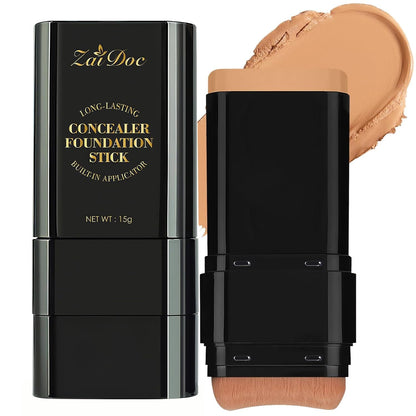 Foundation Stick, Dual-Ended with Brush, 2-In-1 Longwear & Waterproof, Natural Full Makeup Concealer Coverage for Dark Circles & Blemishes with Hydrating Olive & Camellia, 2.09 Oz (04#)