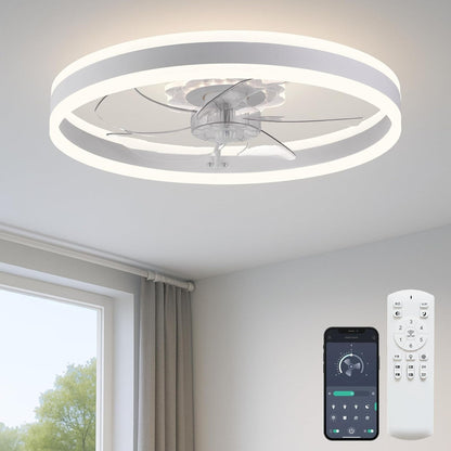 20‘’ Ceiling Fan with Light, Upgraded Low Profile Fan, Flush Mount Ceiling Fan, 6 Speeds, Dimmable LED, App & Remote Control, Quiet DC Motor, for Bedroom, Living Room, F115 White